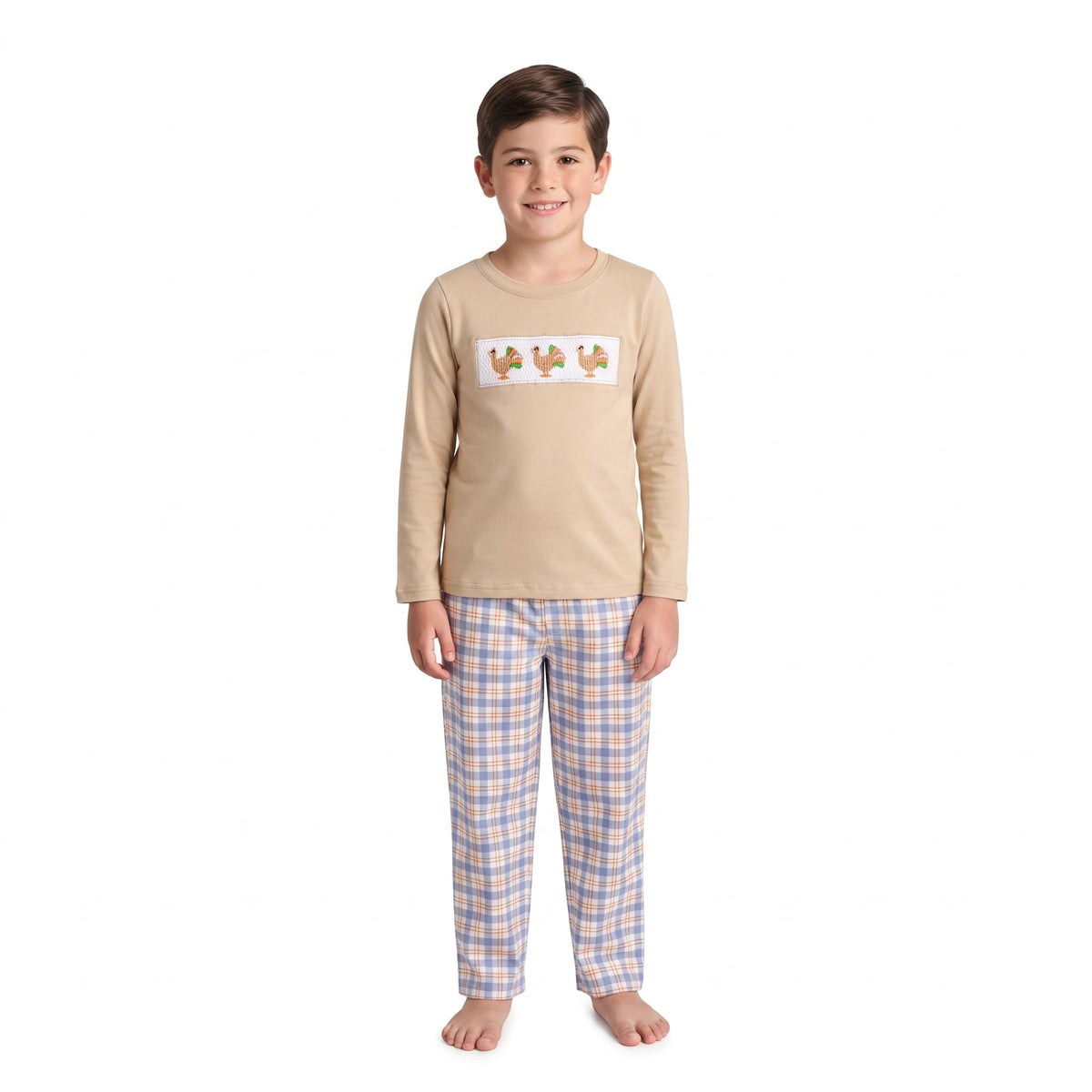 Turkey embroidery top plaid pants boys Thanksgiving set