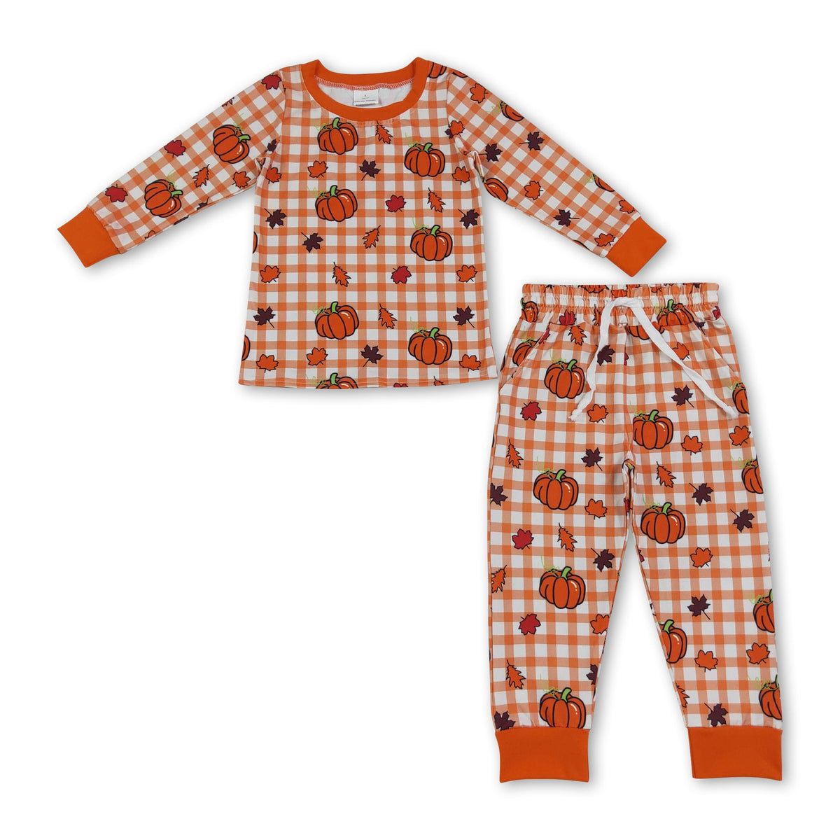 Long sleeves plaid leaves pumpkin boy fall pajamas