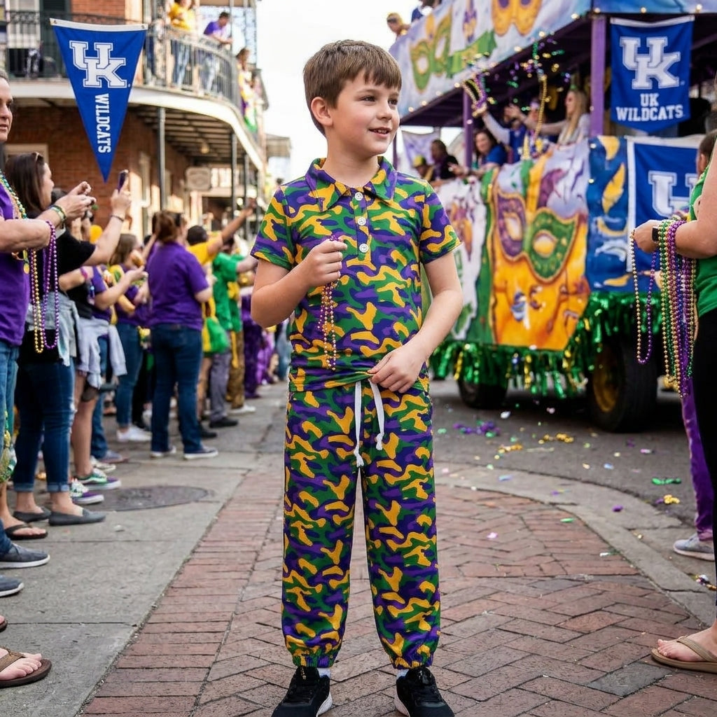 Camo polo shirt pockets pants boys Mardi Gras outfits