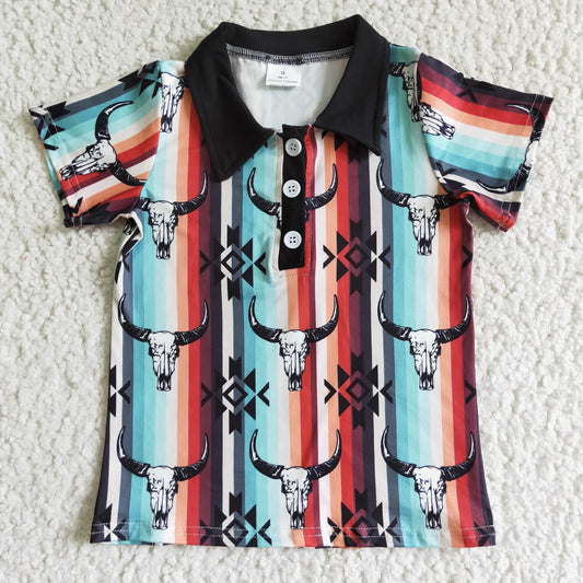 Aztec bull skull short sleeve boy western shirt
