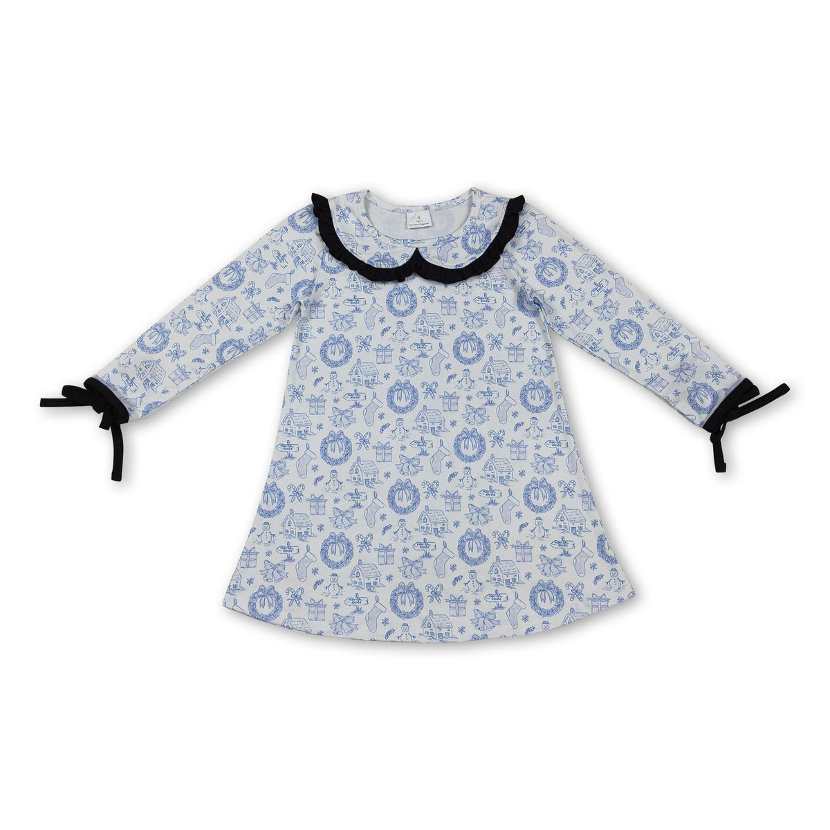 blue Christmas house kids girls long sleeve dresses