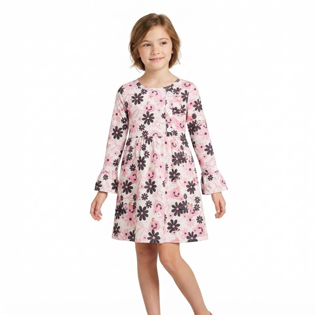 Long sleeves pink bow pumpkin floral girls Halloween dress