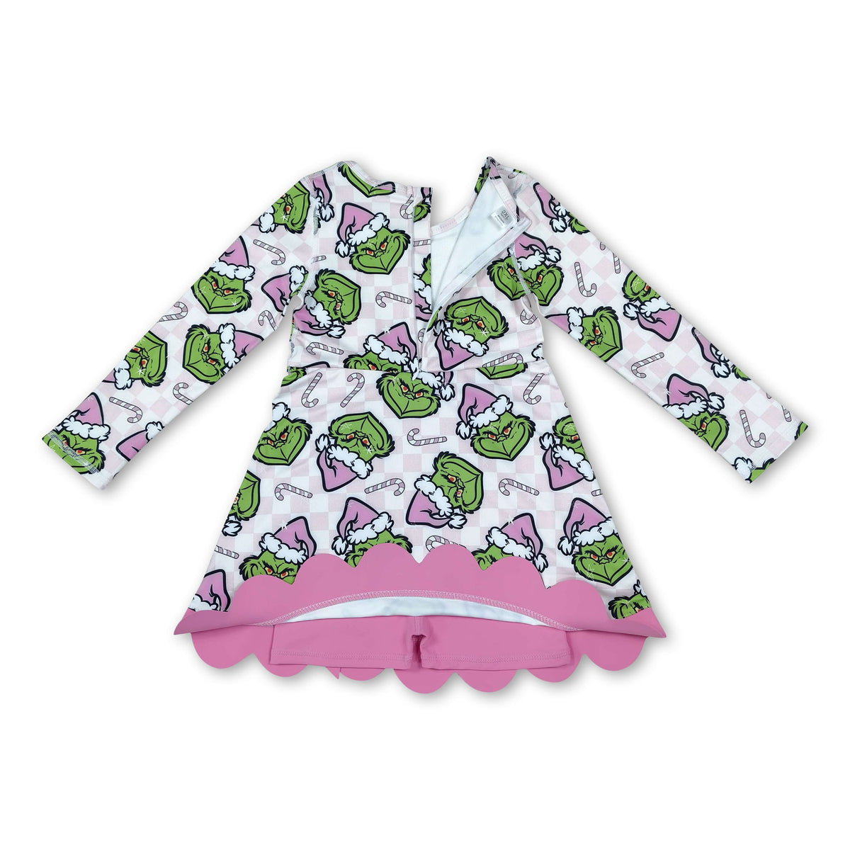 Long sleeves pink plaid scallop girls Christmas athletic dress