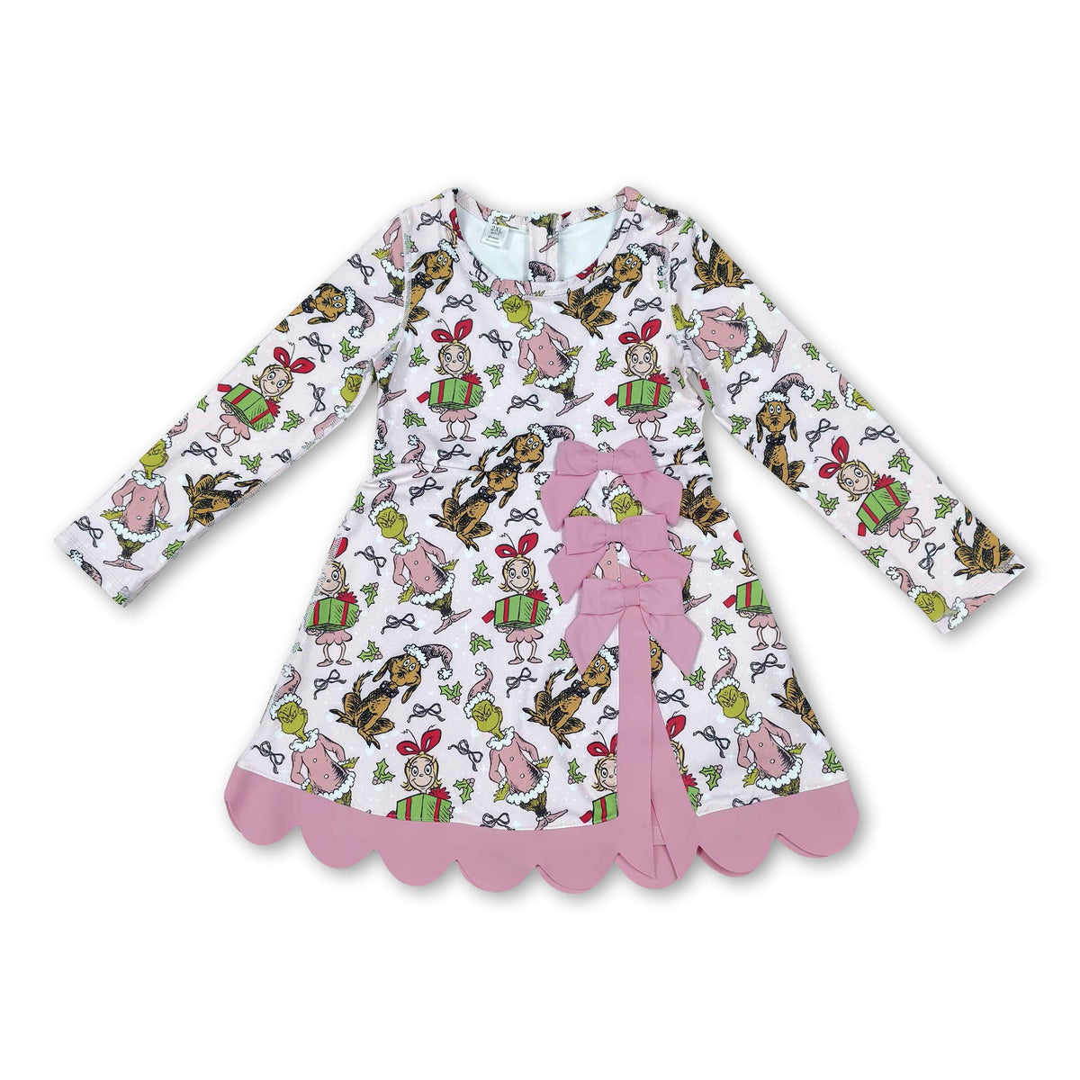 Long sleeves bow gift pink scallop girls Christmas athletic dress