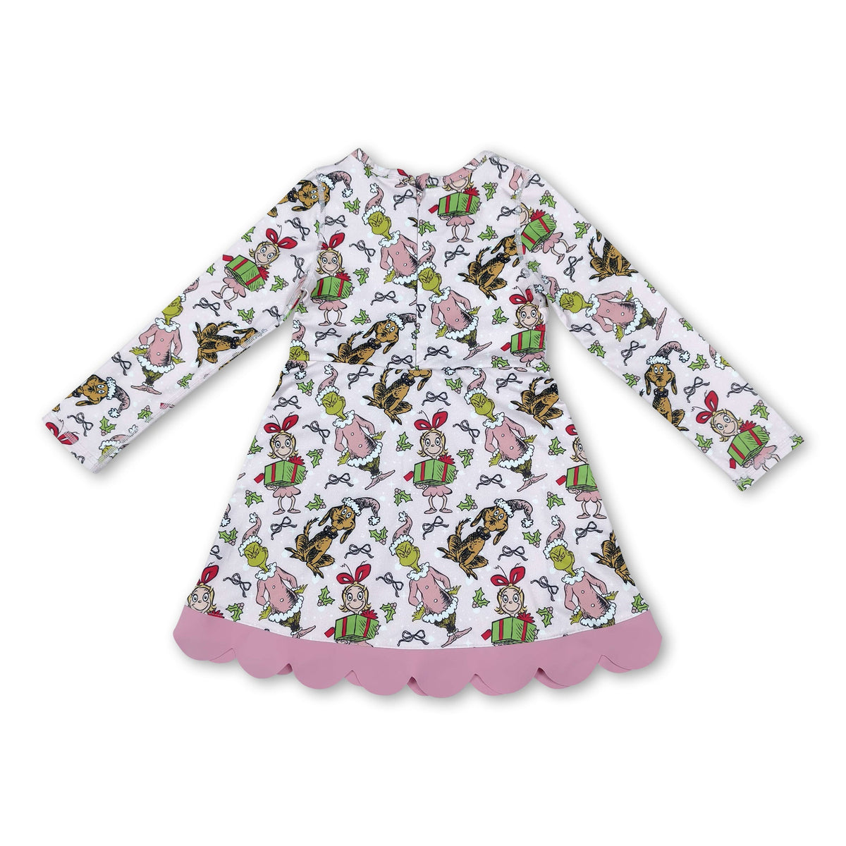 Long sleeves bow gift pink scallop girls Christmas athletic dress