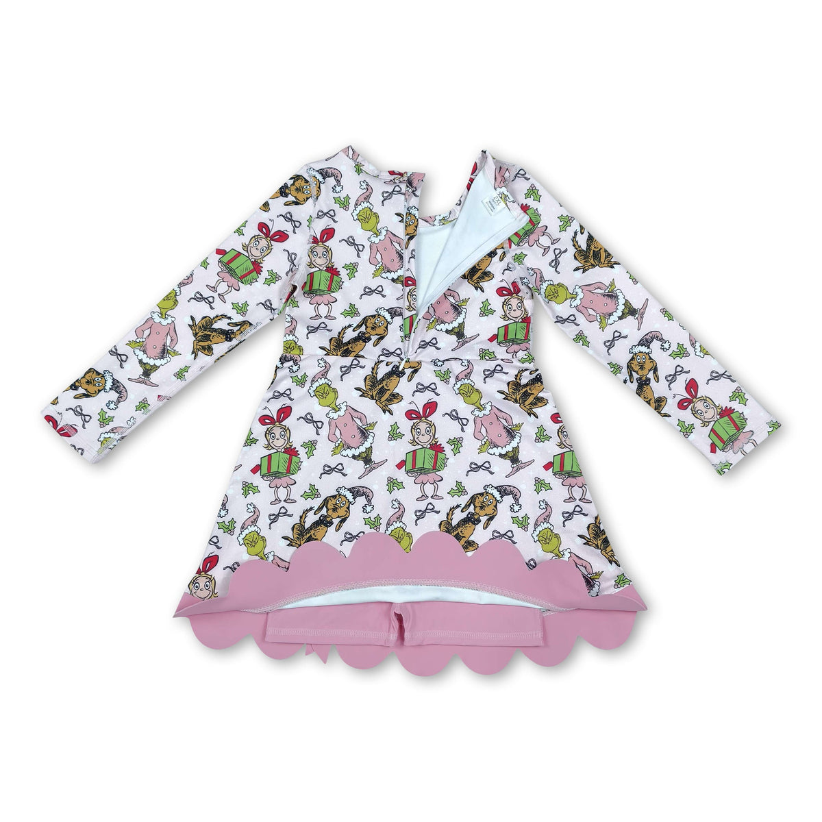 Long sleeves bow gift pink scallop girls Christmas athletic dress
