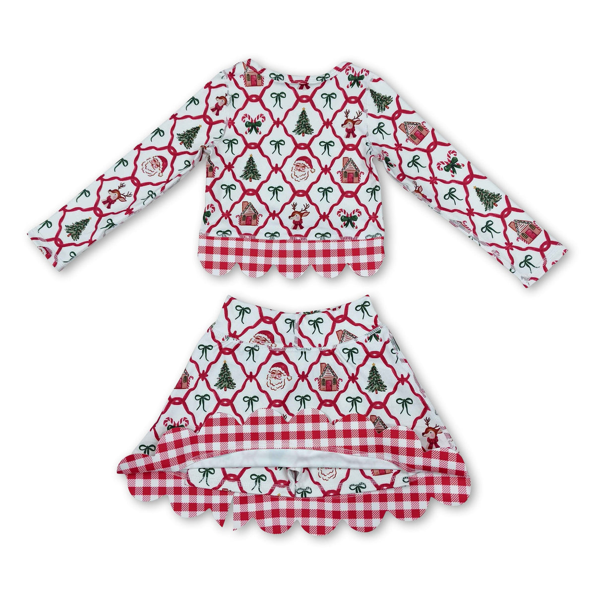 Santa deer bow scallop girls Christmas active wear set