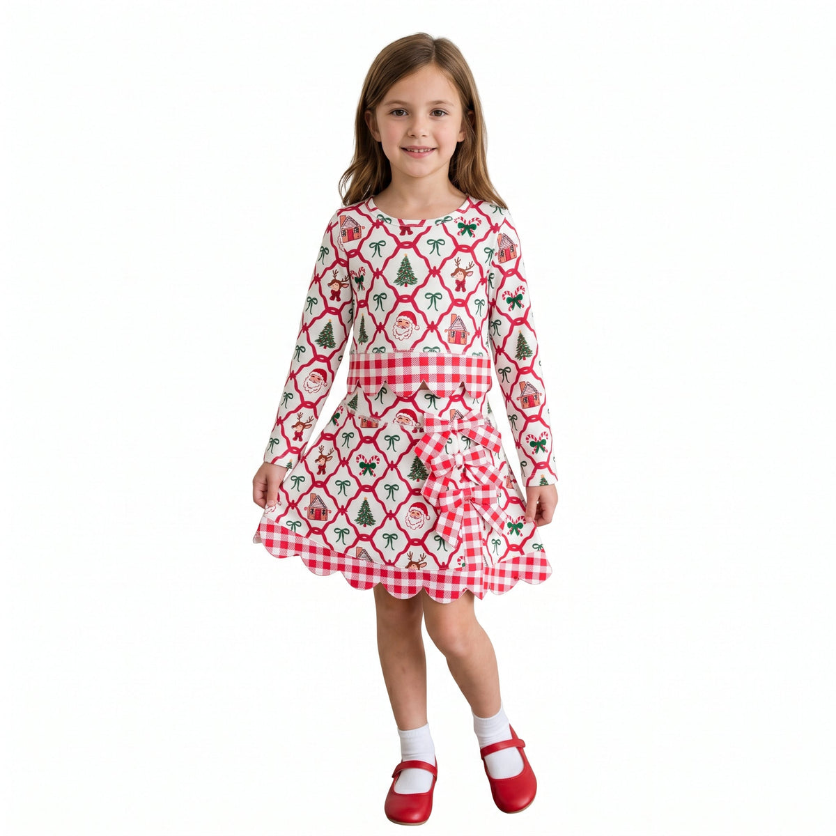 Santa deer bow scallop girls Christmas active wear set