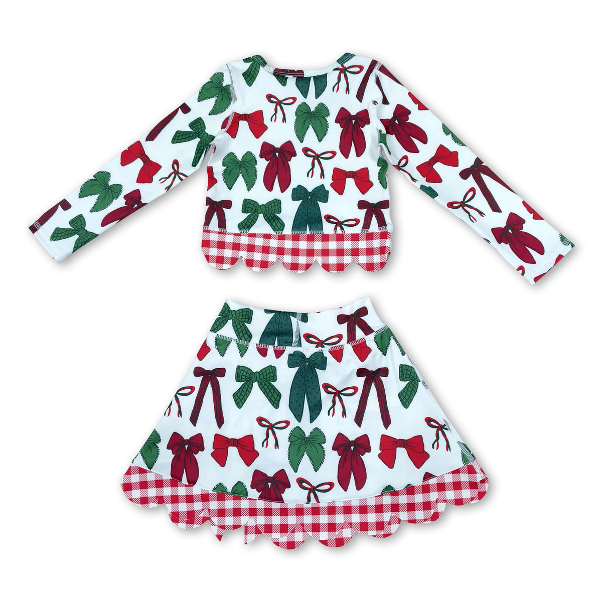 Red green bows scallop girls Christmas active wear set