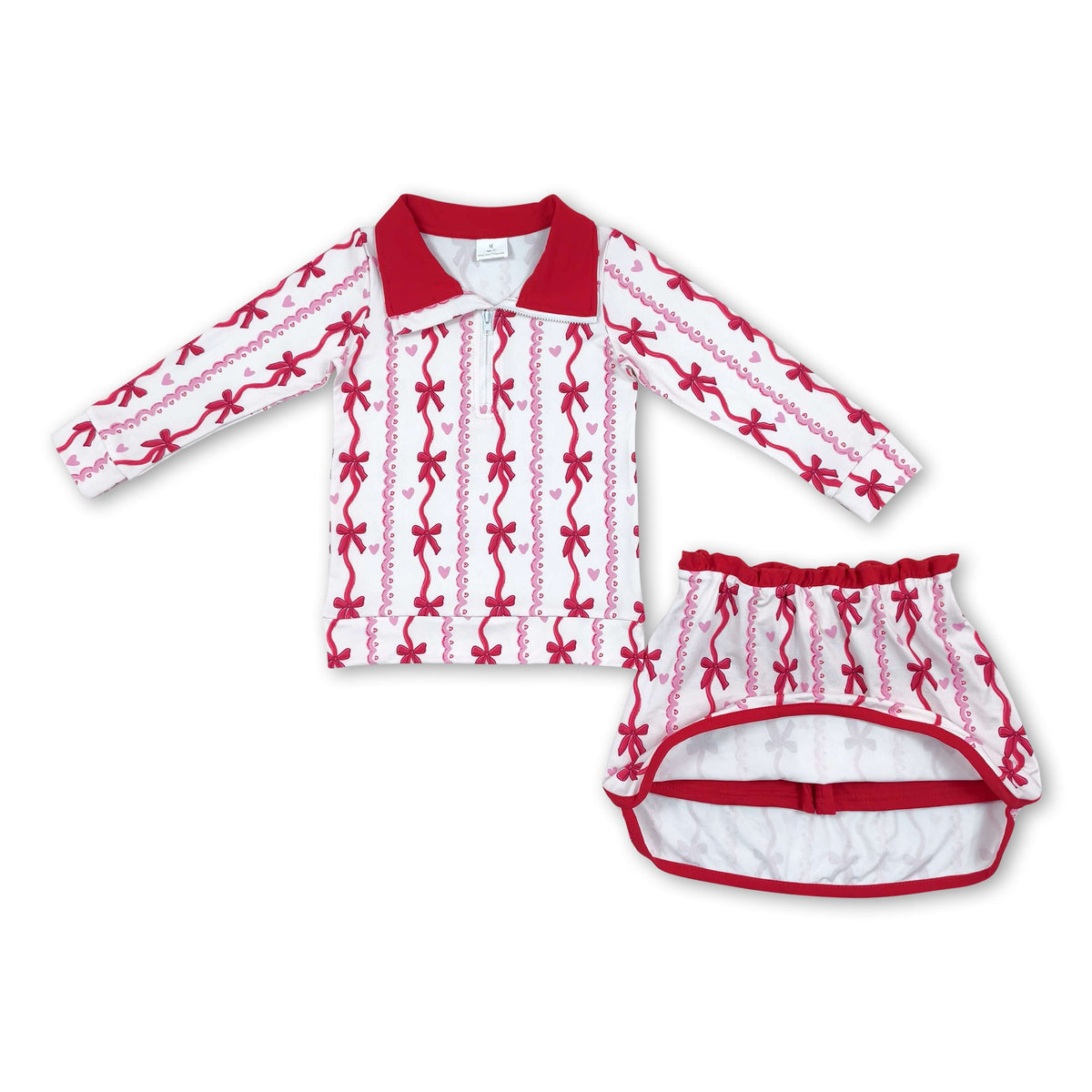 Red bow heart pullover skirt girls Valentine's set