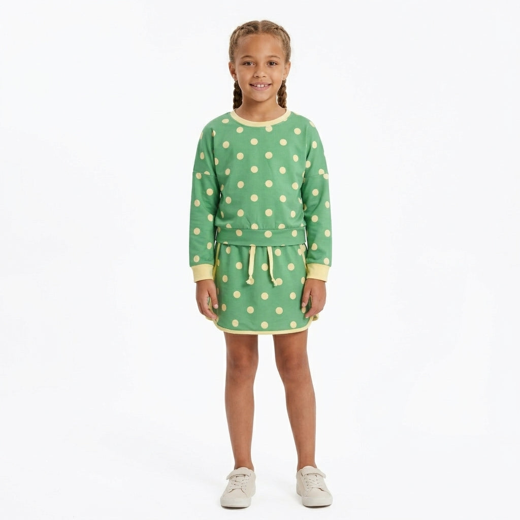 Long sleeves green yellow polka dots top skirt girls outfits