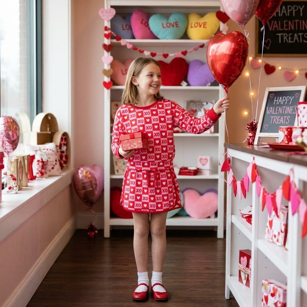 Heart plaid top skirt kids girls valentine's outfits