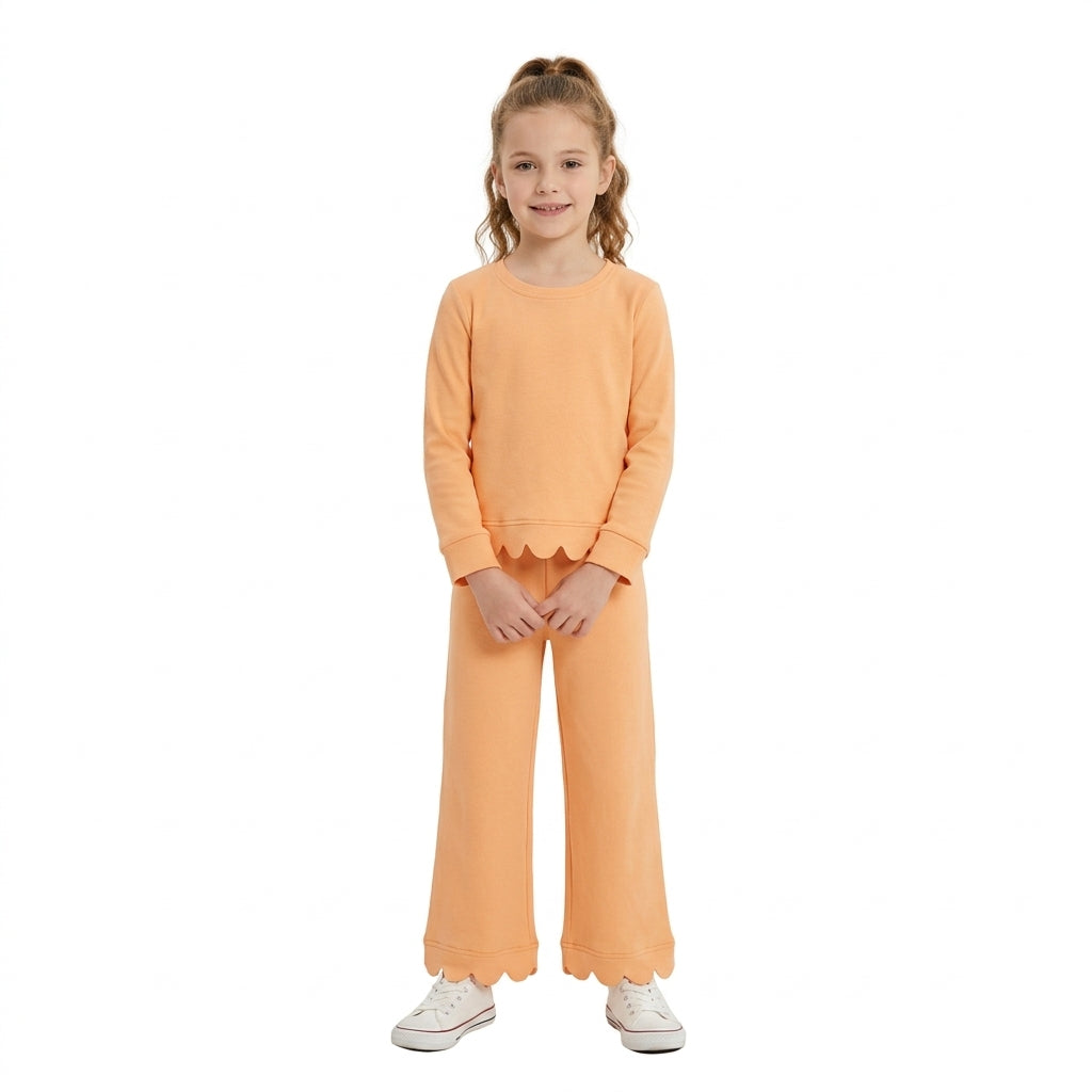 Orange long sleeves scallop top pants kids girls outfits