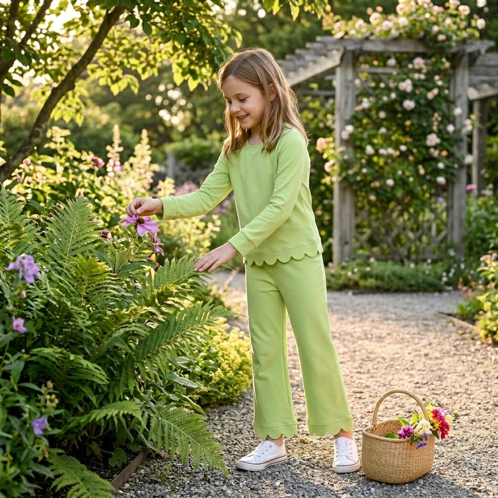 Mint green long sleeves scallop top pants kids girls outfits