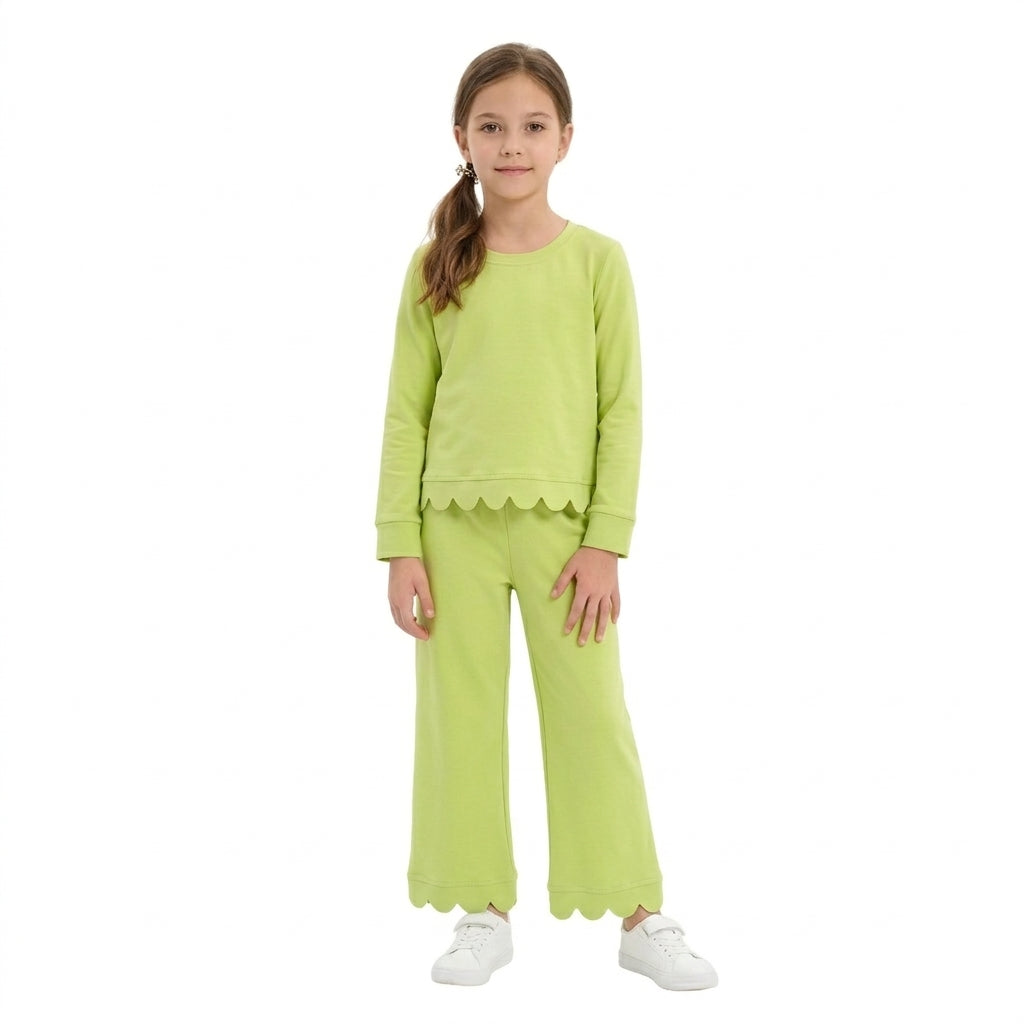 Mint green long sleeves scallop top pants kids girls outfits