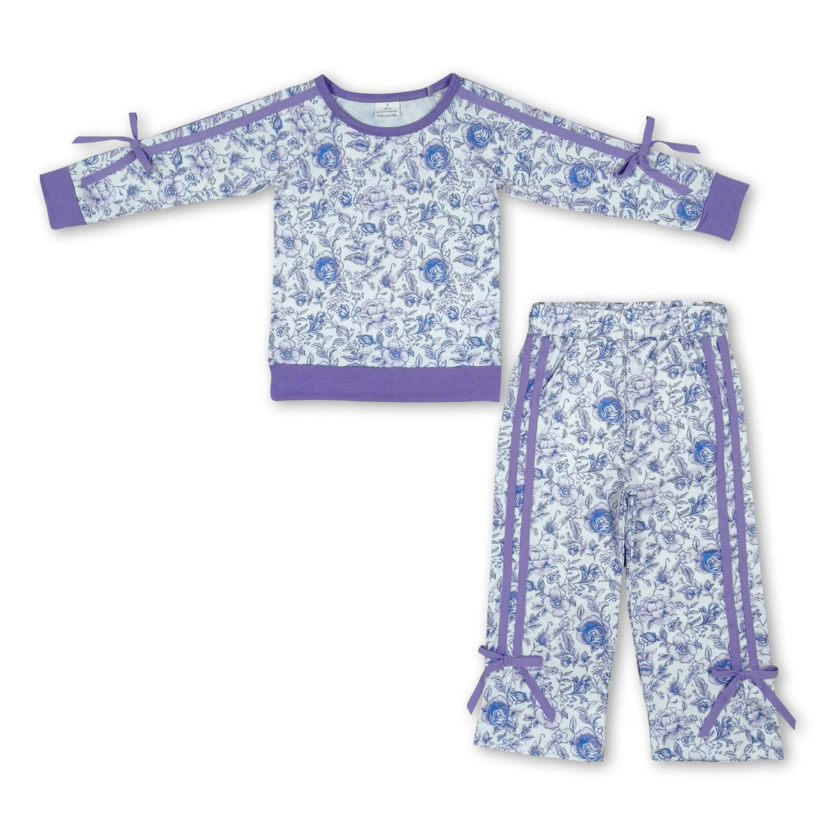 Long sleeves purple floral top pants girls clothing set