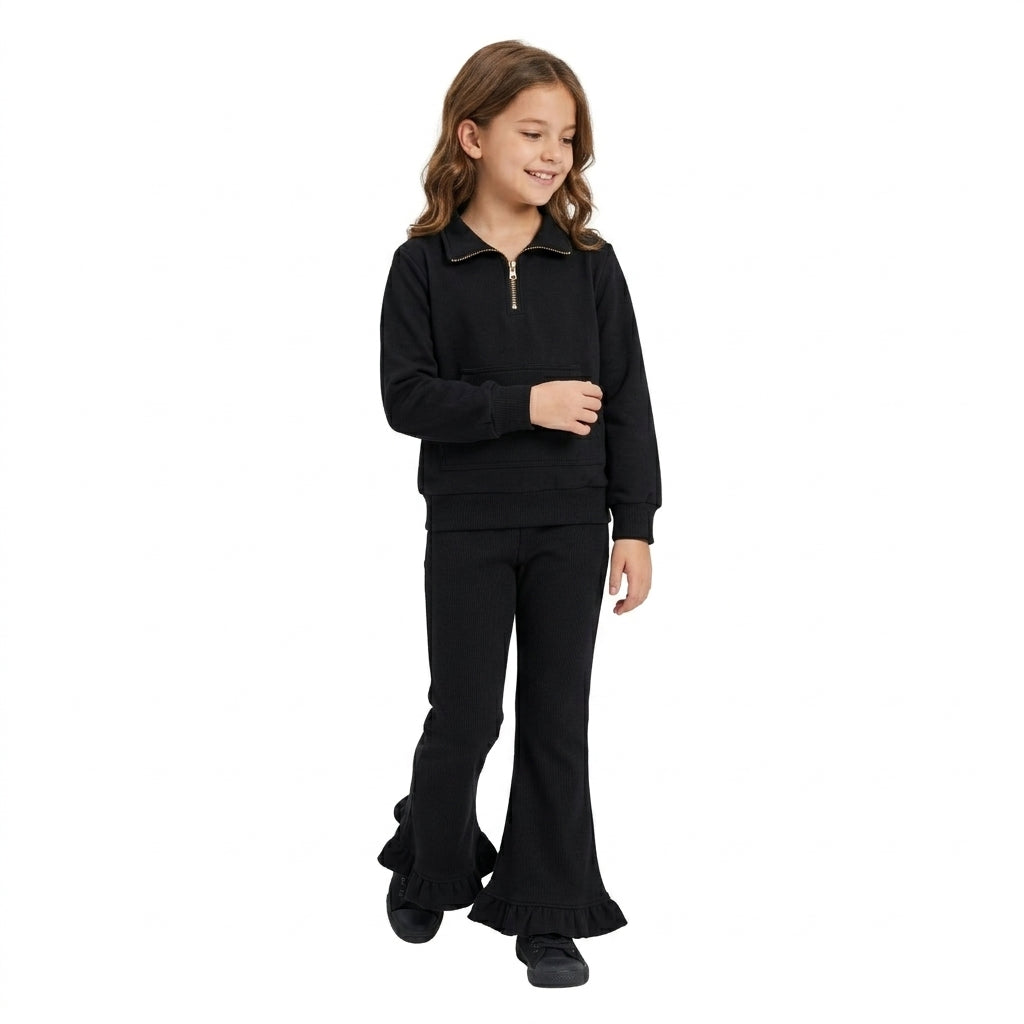 Black pocket pullover ruffle pants girls sweatshirt outfits