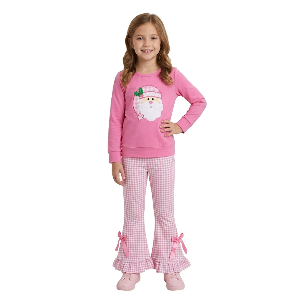 Santa embroidery top ruffle pants girls Christmas outfit