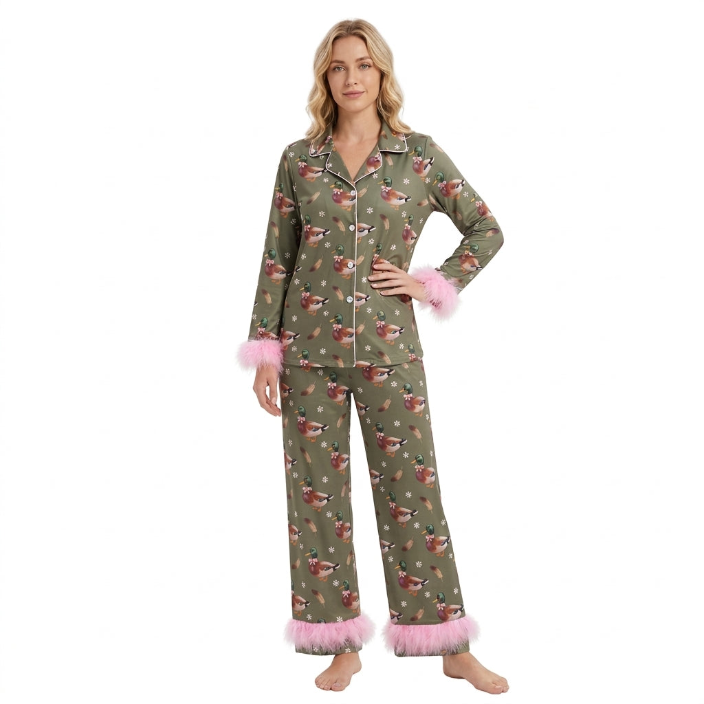 Fur long sleeves duck bow floral adult women pajamas