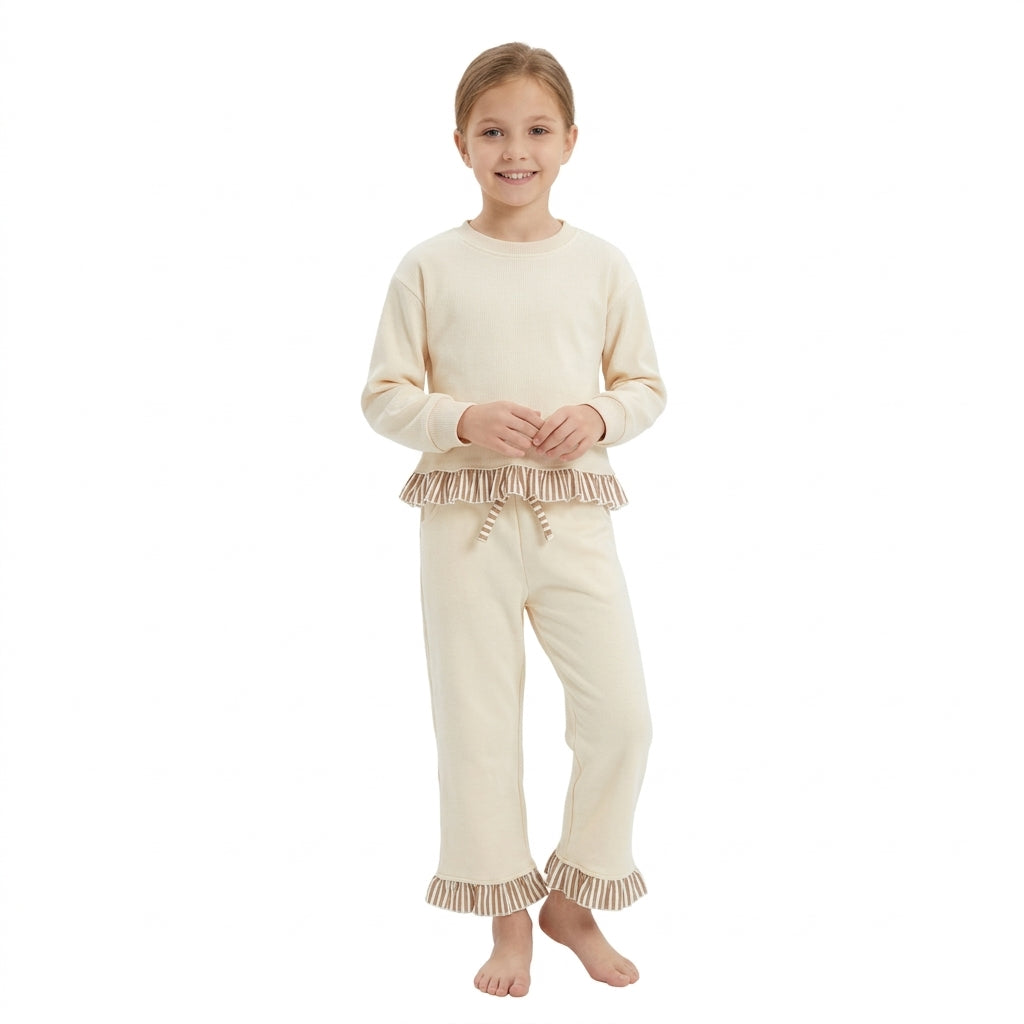 Long sleeves khaki plaid ruffle top pants girls sweatshirt outfits