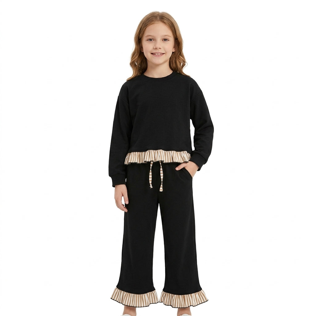 Long sleeves black stripe ruffle top pants girls sweatshirt outfits