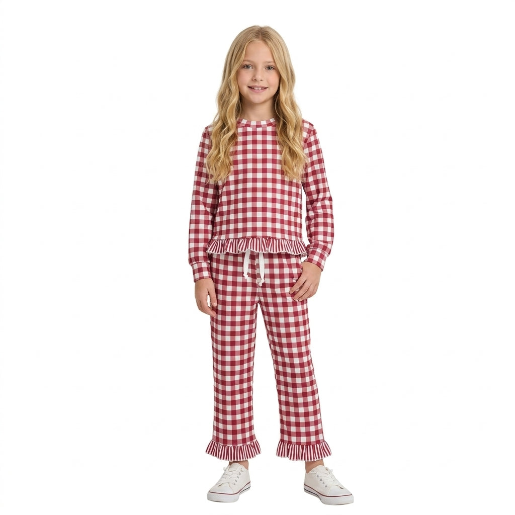 Long sleeves dark red plaid stripe ruffle top pants girls outfits
