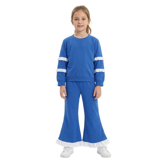 Blue ruffle green cotton top pants girls clothing set