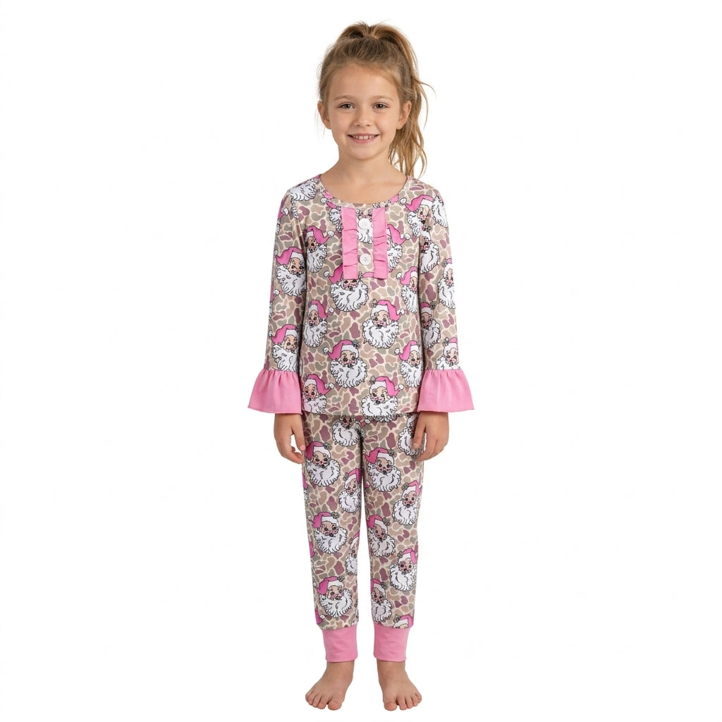 Long sleeves pink santa camo kids girls Christmas outfits