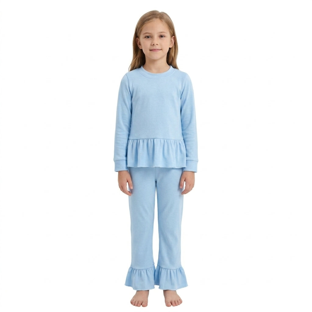 Long sleeves light blue peplum top ruffle pants girls outfits