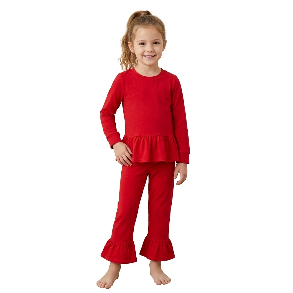 Long sleeves red peplum top ruffle pants girls outfits