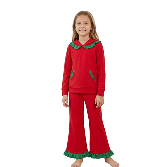 Green ruffle hoodie red pocket girls Christmas outfits