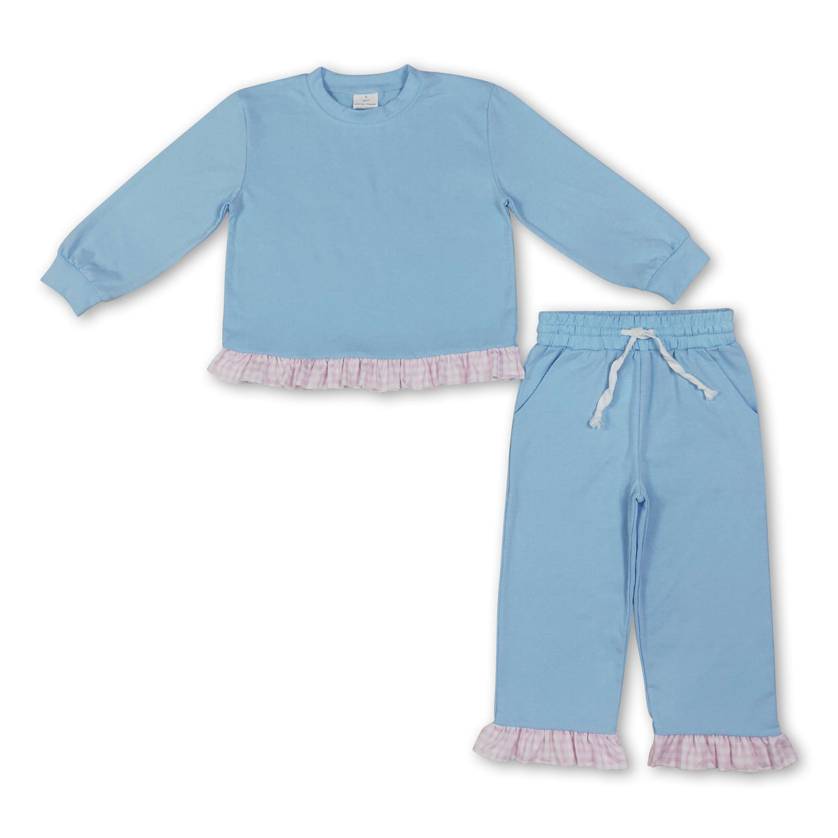 Long sleeves plaid ruffle light blue cotton girls outfits