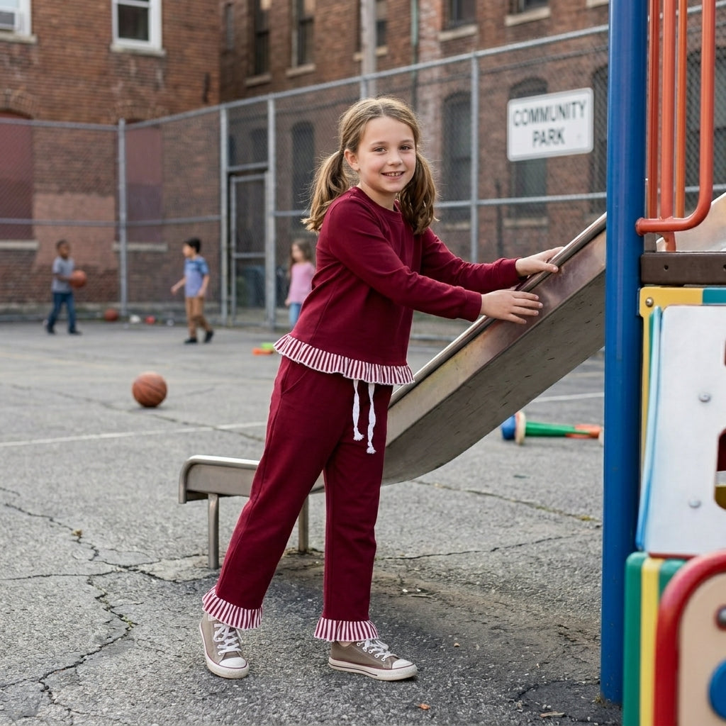 Stripe flutter long sleeves maroon top pants girls outfits