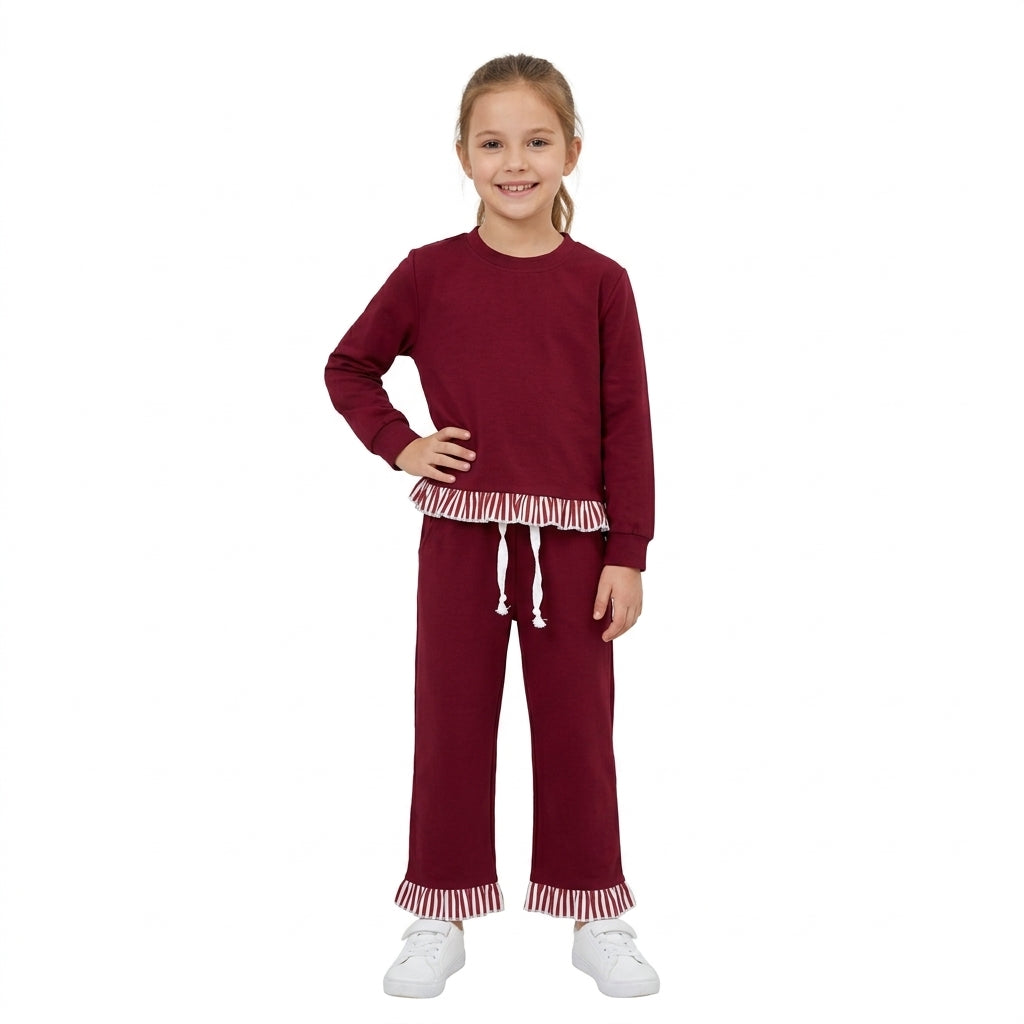 Stripe flutter long sleeves maroon top pants girls outfits