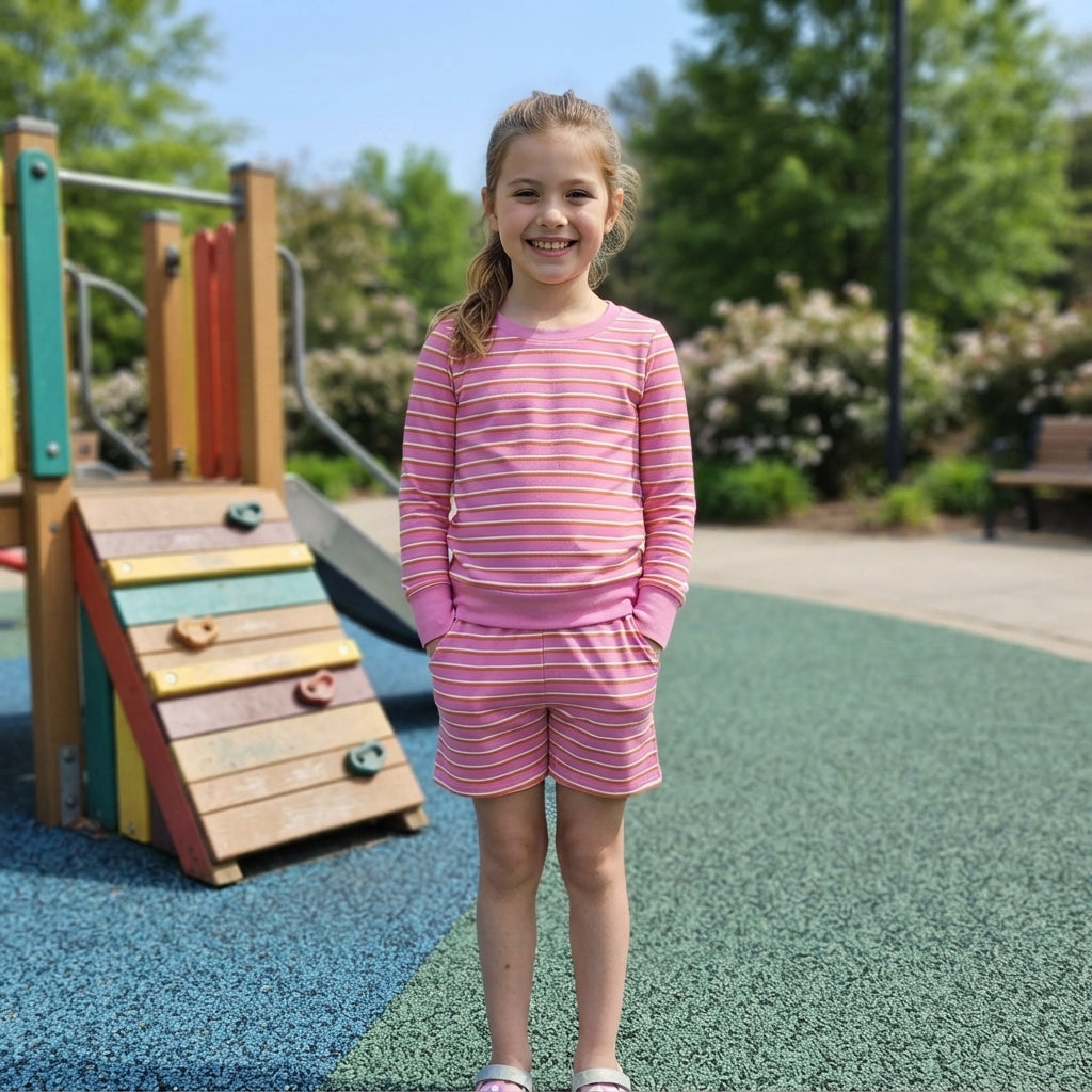 Pink stripe long sleeves top shorts girls active wear set