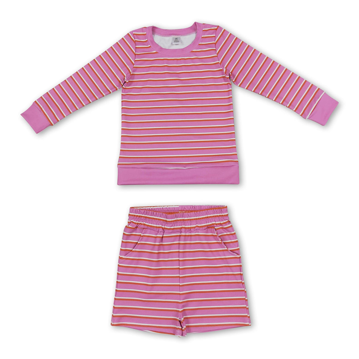 Pink stripe long sleeves top shorts girls active wear set