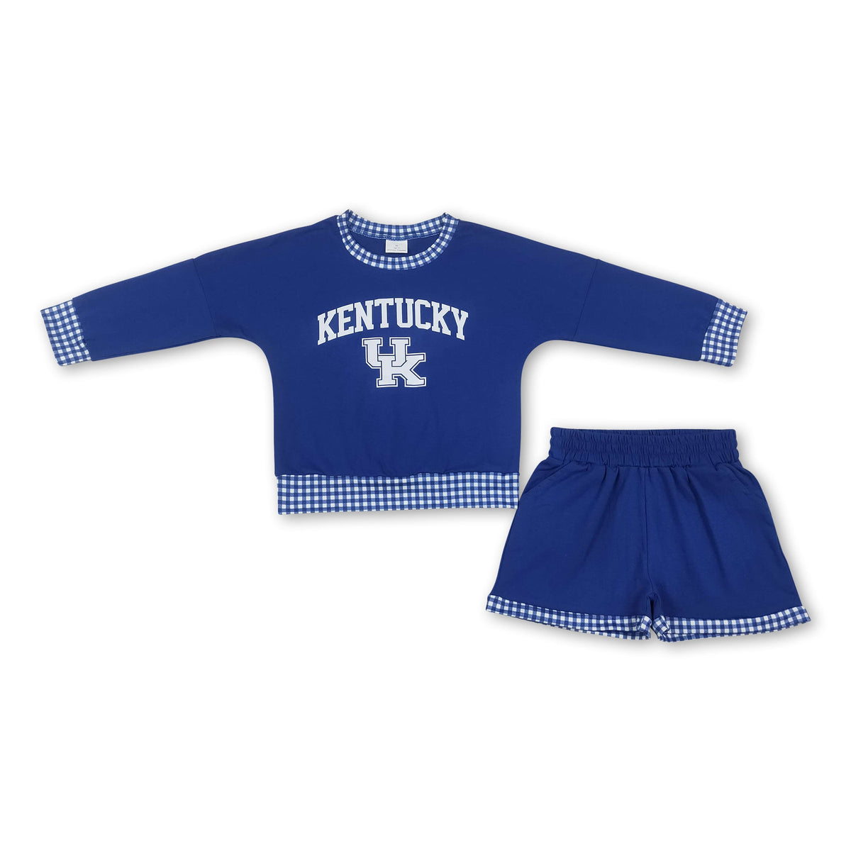 Long sleeves blue U K vinyl top shorts girls team outfits