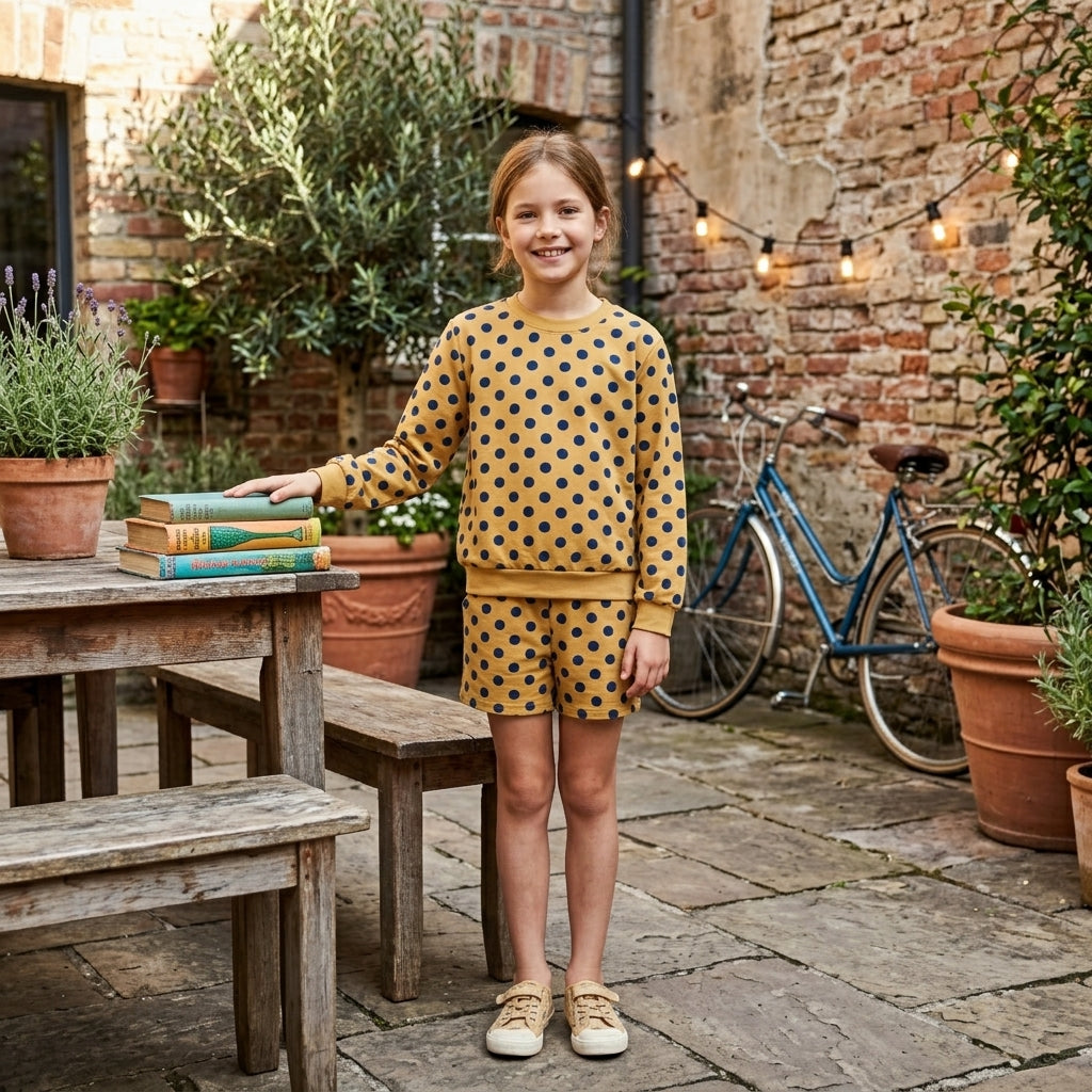 Long sleeves yellow navy polka dots top shorts girls outfits