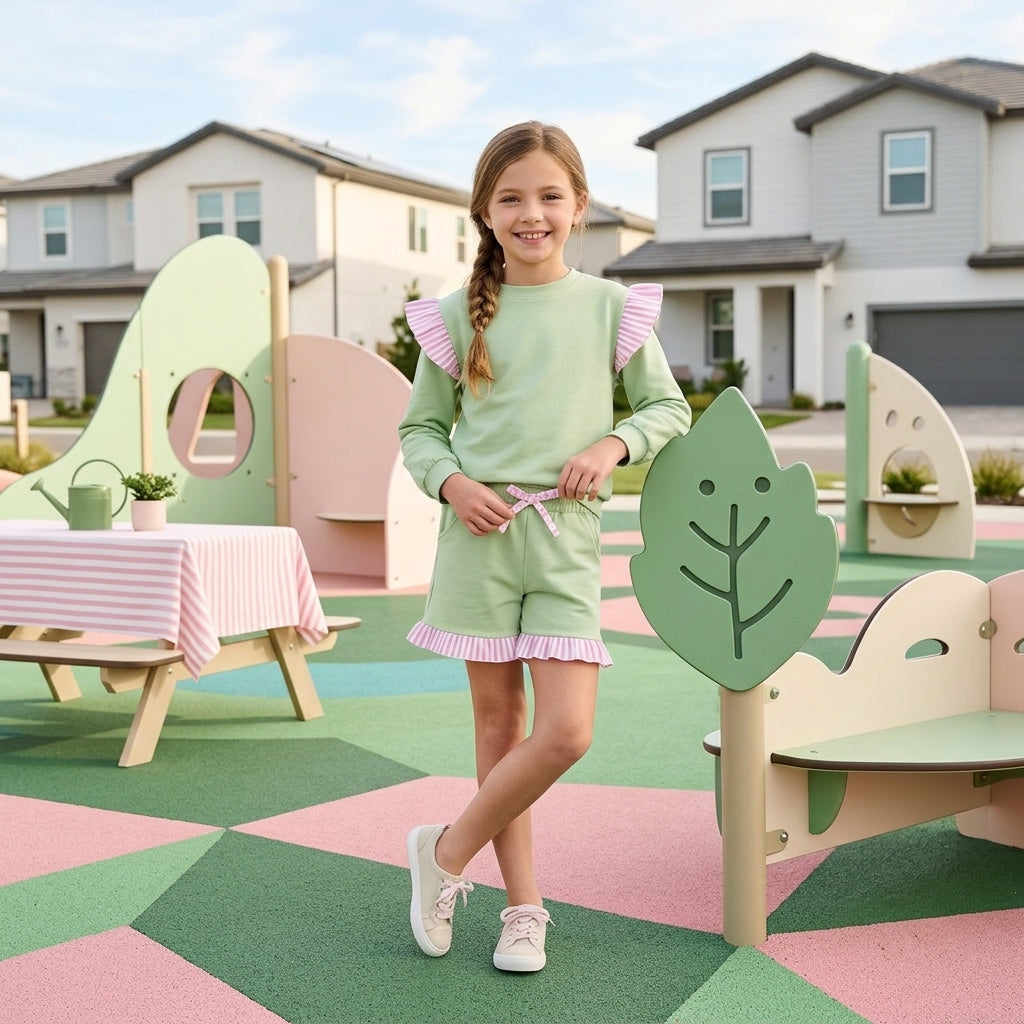 Flutter long sleeves light green top shorts girls outfits