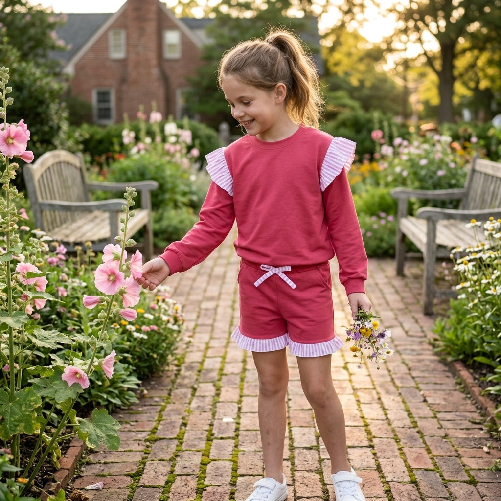 Flutter long sleeves hot pink top shorts girls outfits