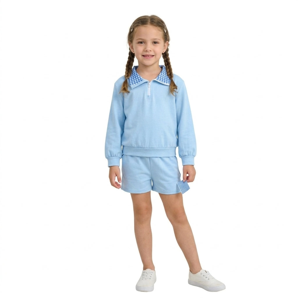 Long sleeves light blue plaid pullover shorts girls outfits
