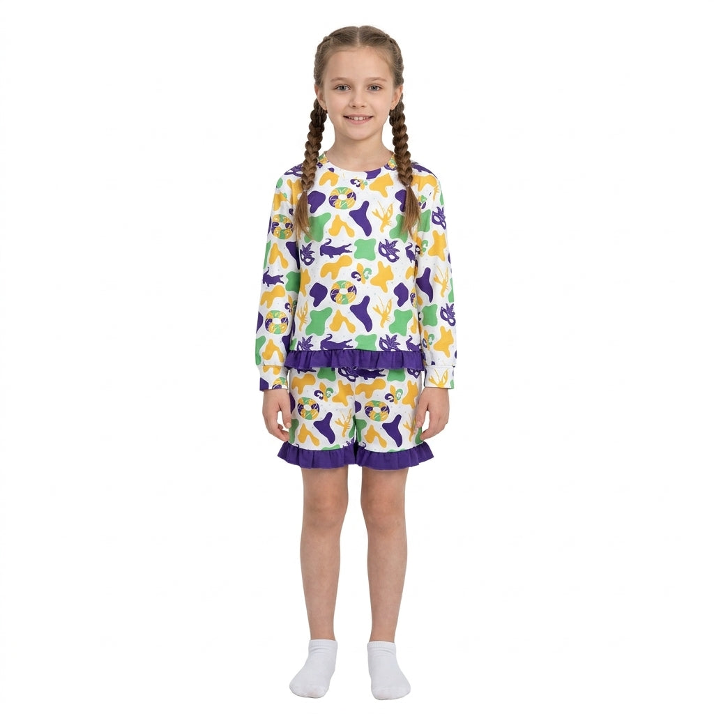 Crocodile donut camo top shorts girls Mardi Gras outfits