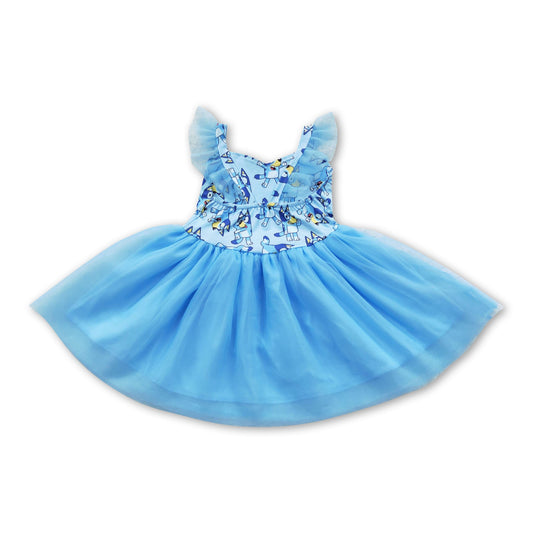 Blue dog flutter sleeves tulle baby girls dress