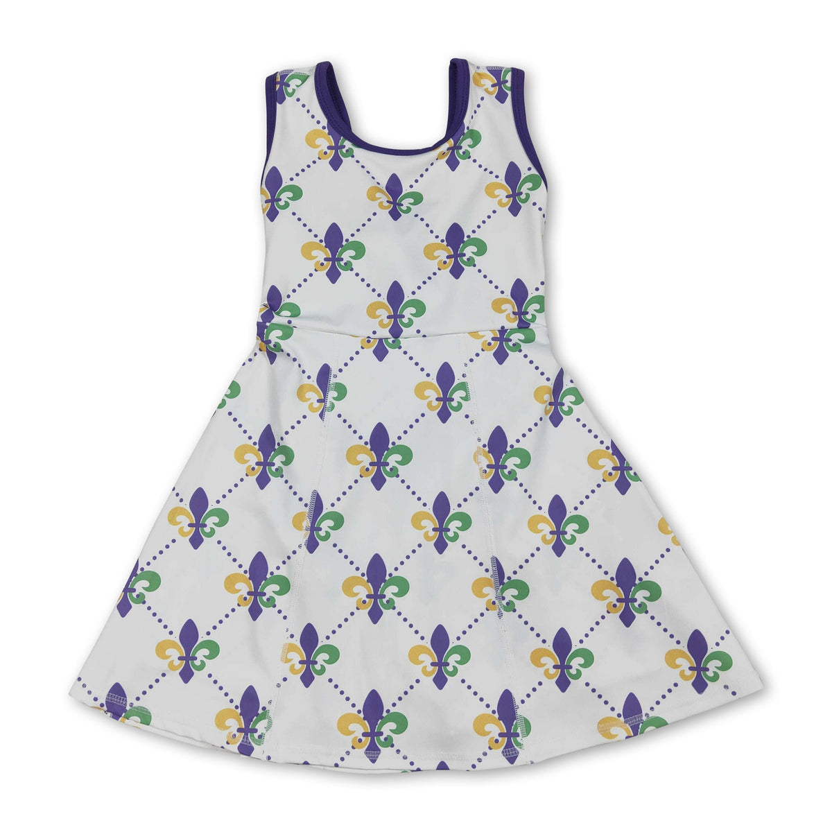 Purple green yellow sleeveless girls Mardi Gras athletic dress