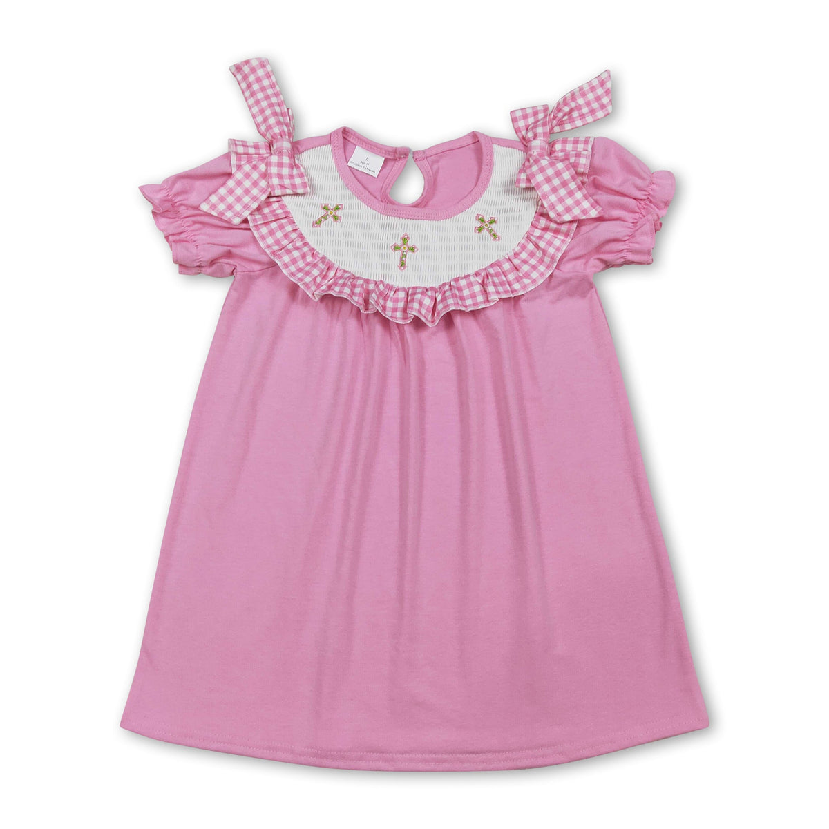 Pink short sleeves cross smocked kids girls Easter dresses