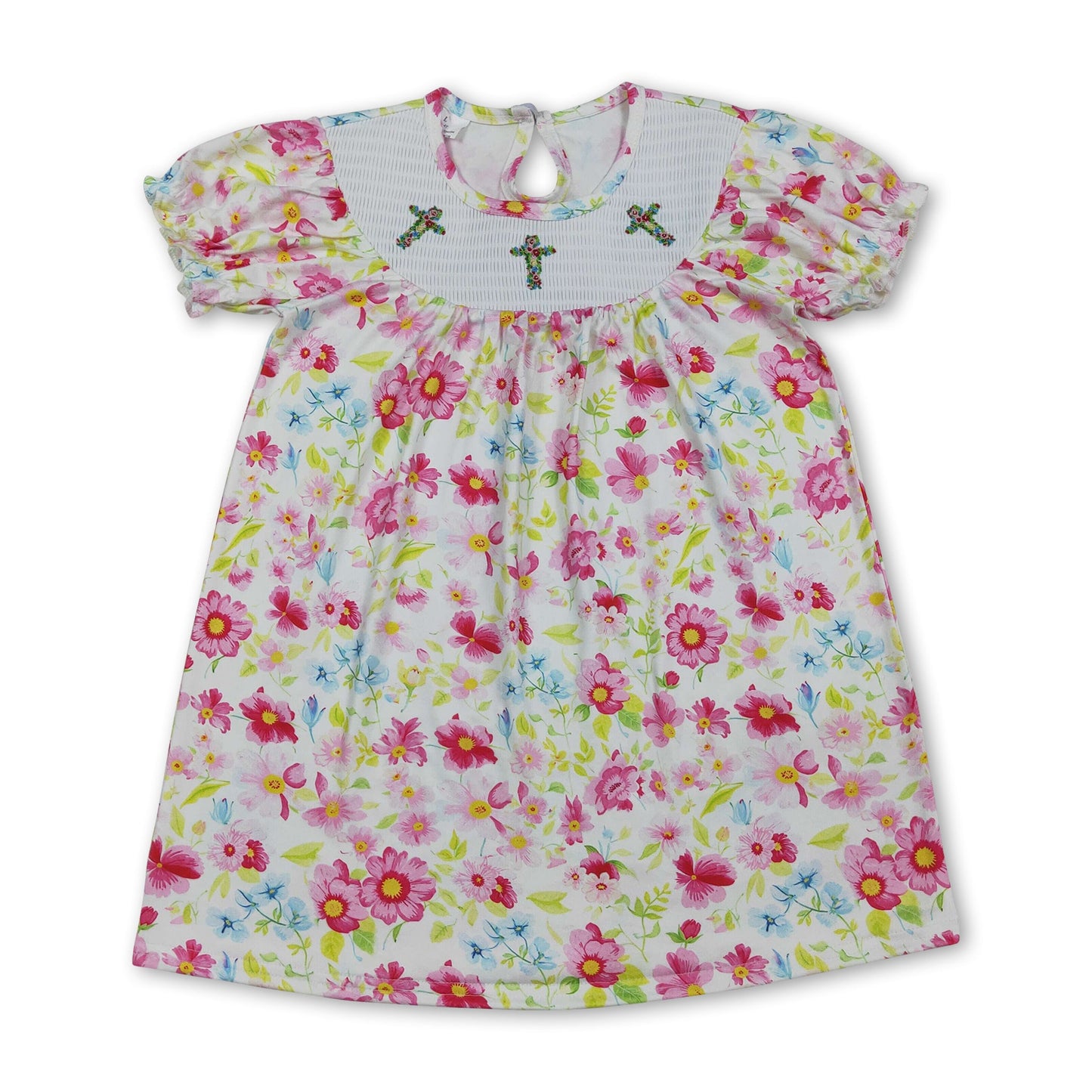 Floral short sleeves cross smocked baby girls Easter dress