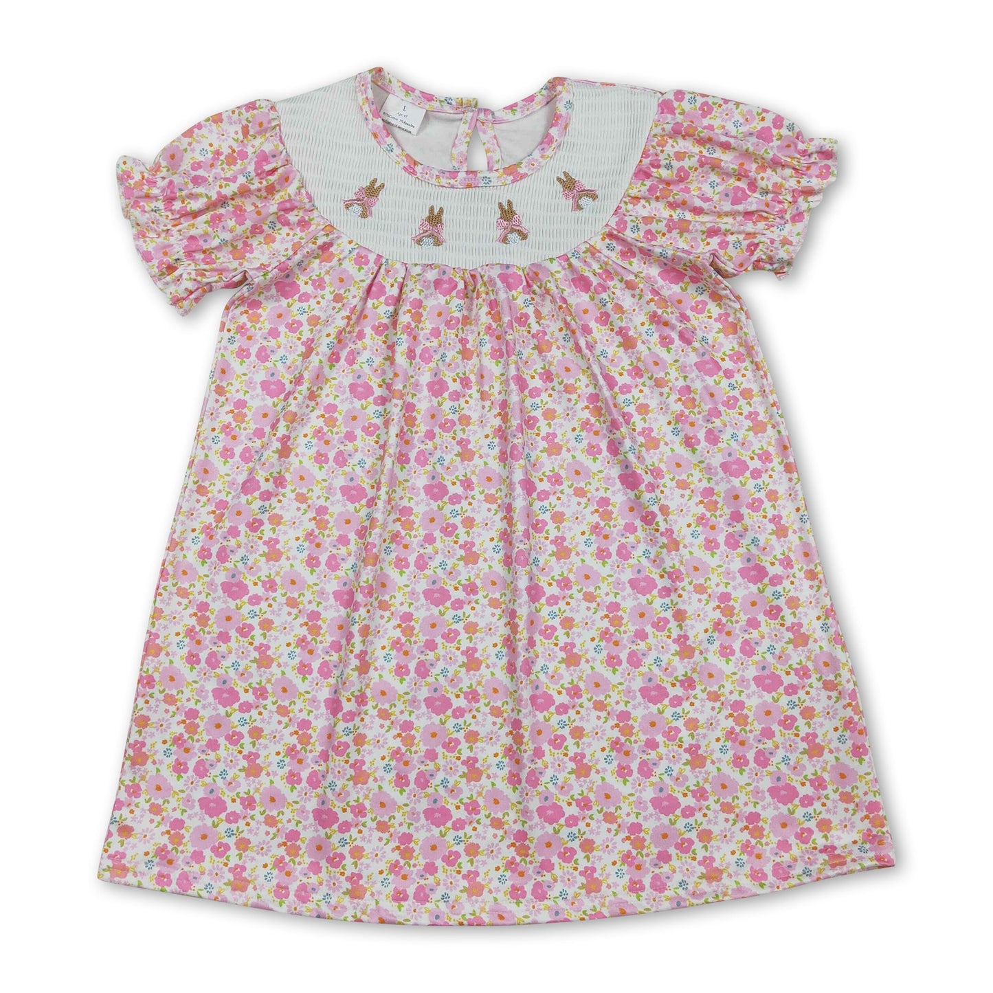Short sleeves pink floral rabbit smocked girl Easter dress
