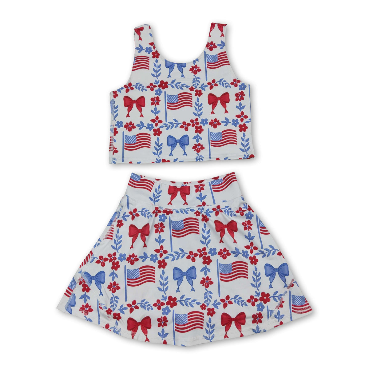 Sleeveless floral bow flag top skirt girls 4th of july active set