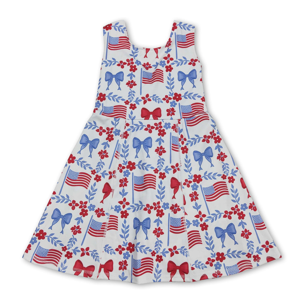 Sleeveless floral flag bow girls 4th of july athletic dresses