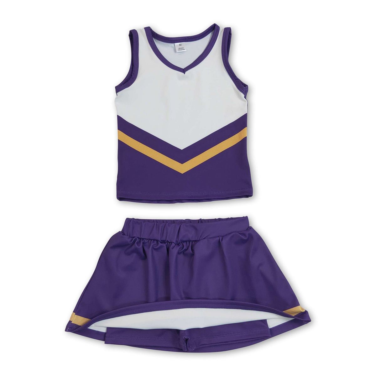Sleeveless gold purple top skirt girls team cheer active set
